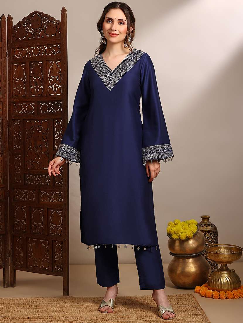 globus women blue sequin zari embroidered v-neck bell sleeves coin detail hem straight kurta with pants festive set - 22182174 -  Zoom Image - 0