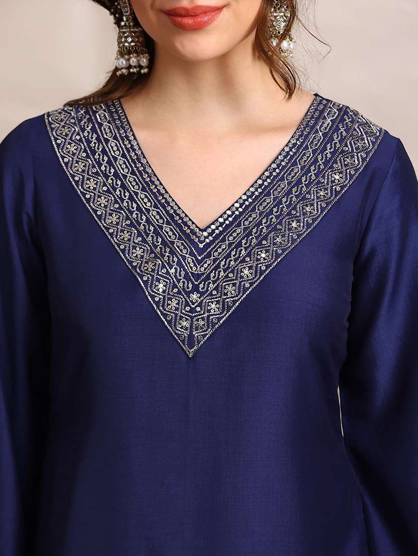 globus women blue sequin zari embroidered v-neck bell sleeves coin detail hem straight kurta with pants festive set - 22182174 -  Standard Image - 5