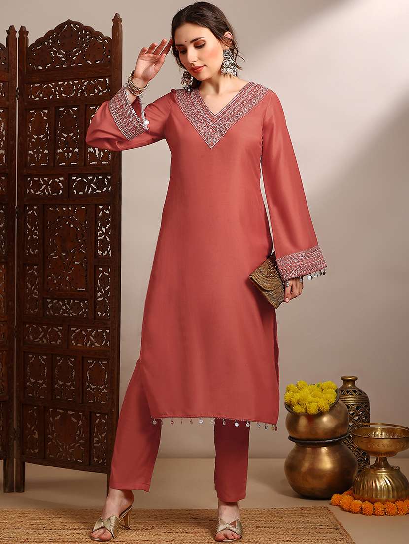 globus women orange sequin zari embroidered v-neck bell sleeves coin detail hem straight kurta with pants festive set