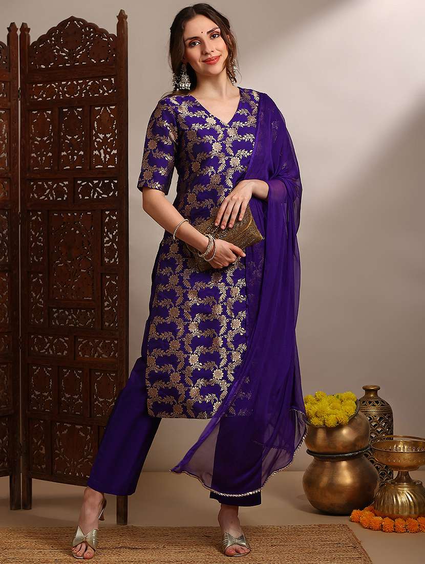 globus women purple v-neck short sleeves floral woven design straight kurta with pants & taping dupatta festive set - 22182178 -  Zoom Image - 0