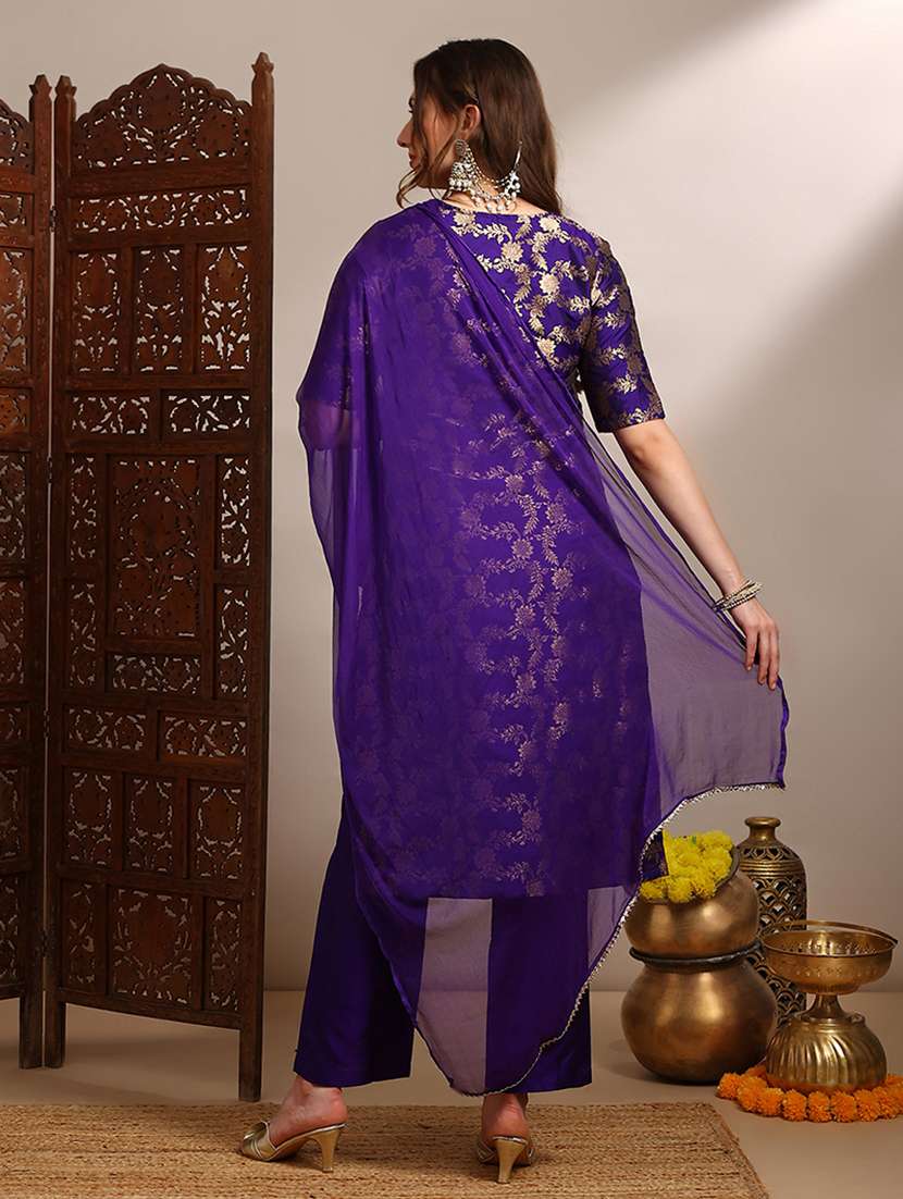 globus women purple v-neck short sleeves floral woven design straight kurta with pants & taping dupatta festive set - 22182178 -  Standard Image - 3