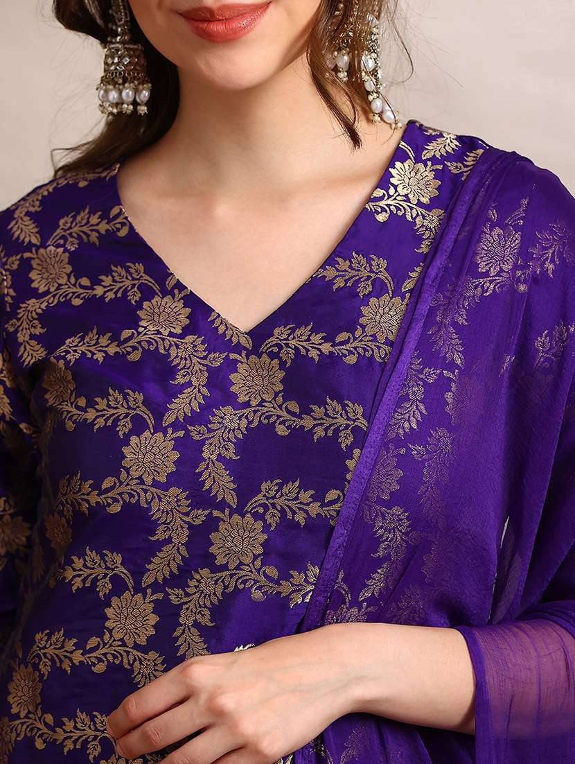 globus women purple v-neck short sleeves floral woven design straight kurta with pants & taping dupatta festive set - 22182178 -  Standard Image - 5