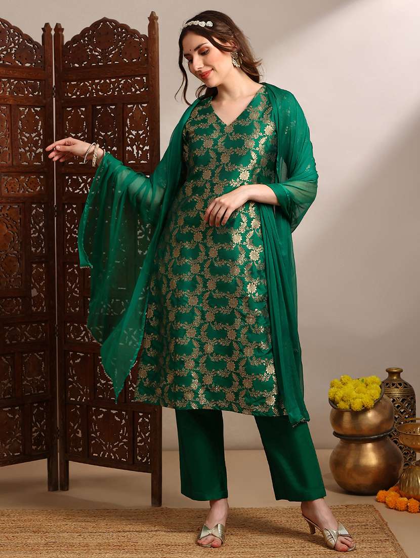 globus women green v-neck short sleeves floral woven design straight kurta with pants & taping dupatta festive set