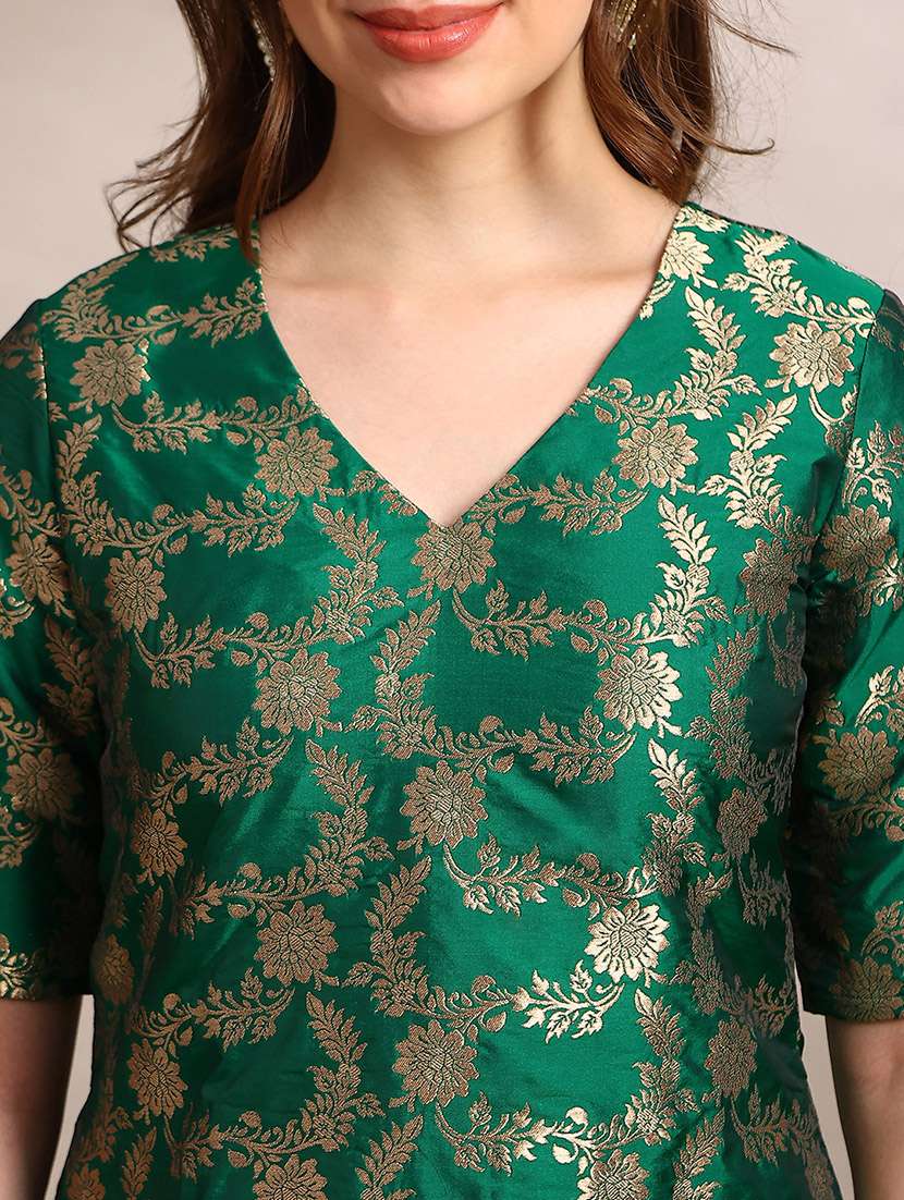 globus women green v-neck short sleeves floral woven design straight kurta with pants & taping dupatta festive set - 22182179 -  Standard Image - 5