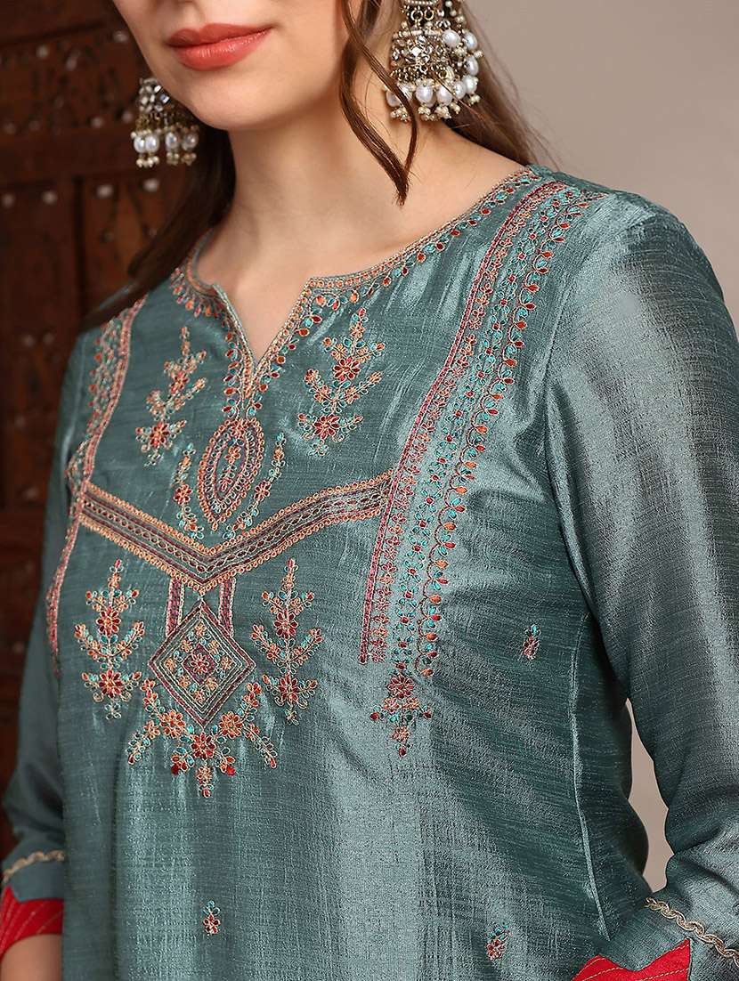 Globus Women Teal Zari Embroidered Yoke Straight Kurta With Wide Leg Pants & Taping Dupatta Festive Set - 22182180 -  Standard Image - 5