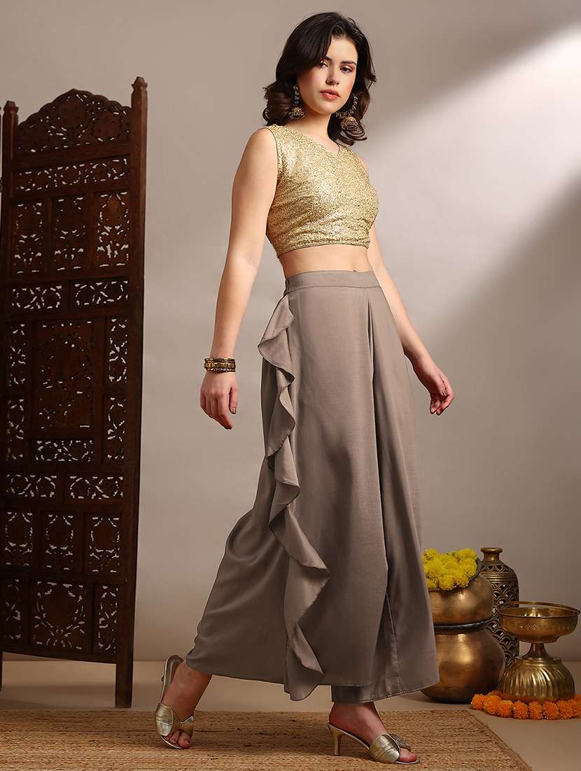 globus women beige mid rise ruffle detail wide leg festive palazzo - 22182181 -  Standard Image - 5