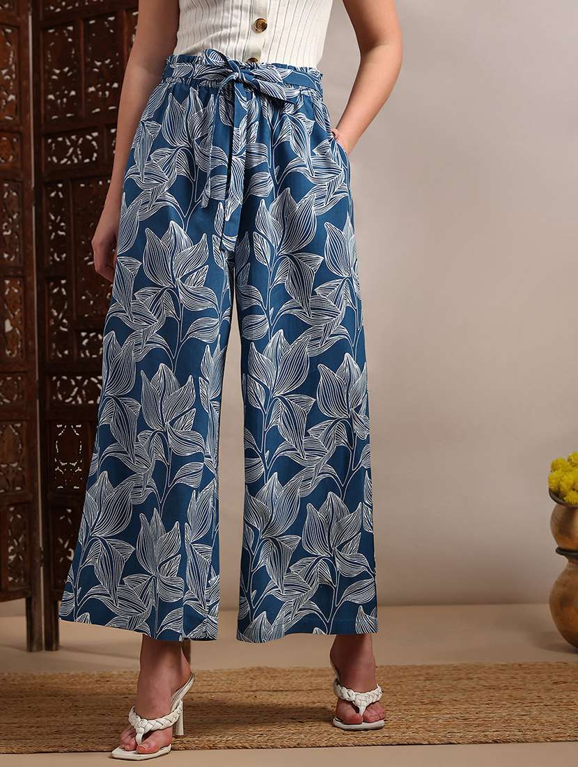 globus women blue allover floral printed high-rise belted wide leg trouser - 22182182 -  Zoom Image - 0