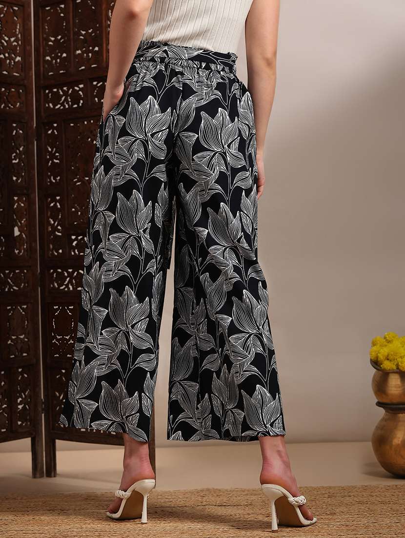 globus women black allover floral printed high-rise belted wide leg trouser - 22182183 -  Standard Image - 3
