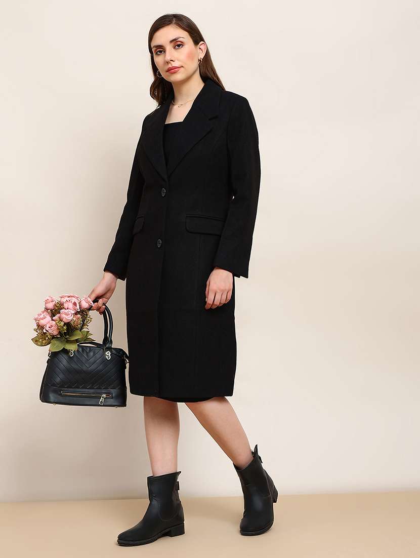 globus women black solid notched lapel long sleeve knee length winterwear overcoat - 22182187 -  Zoom Image - 0