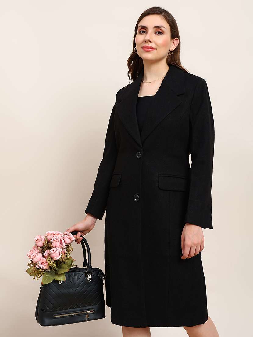 globus women black solid notched lapel long sleeve knee length winterwear overcoat - 22182187 -  Standard Image - 3