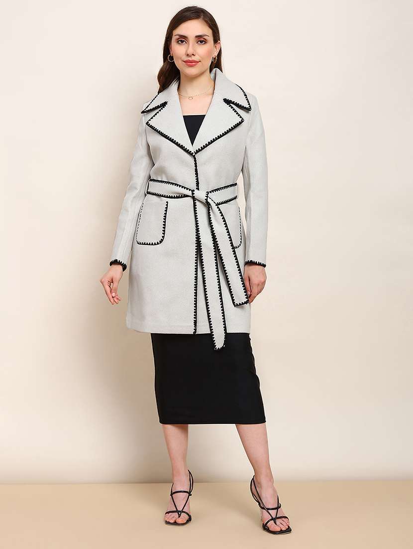 globus women beige solid notched lapel embriodered detail long sleeves knee length belted winterwear overcoat - 22182189 -  Zoom Image - 0