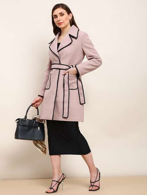 globus women pink solid notched lapel embriodered detail long sleeves knee length belted winterwear overcoat - 22182190 -  Standard Image - 0