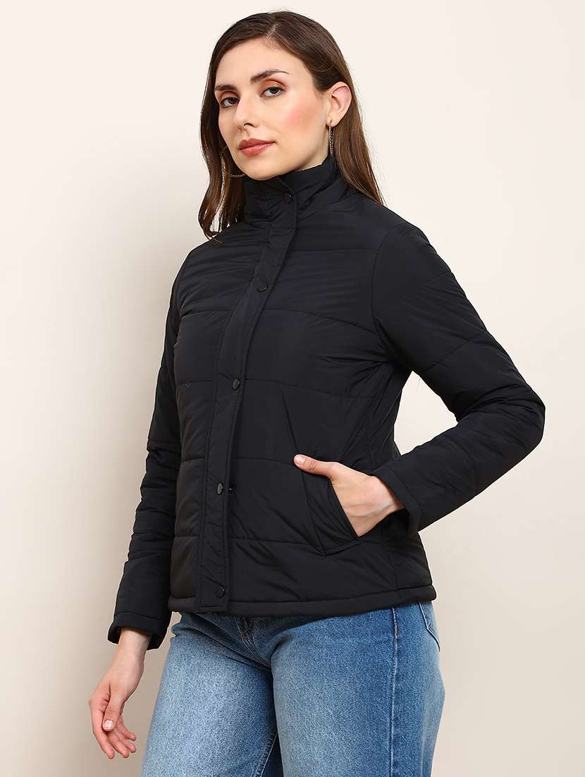 globus women black mock neck 2 pockets detail winter wear insulator puffer jacket - 22182193 -  Zoom Image - 0