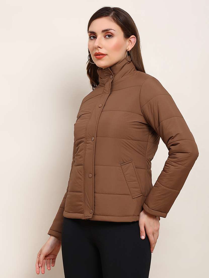 globus women brown mock neck 2 pockets detail winter wear insulator puffer jacket