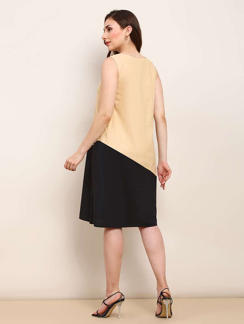 globus women beige round neck colorblock pleated a-line dress - 22182195 -  Standard Image - 3