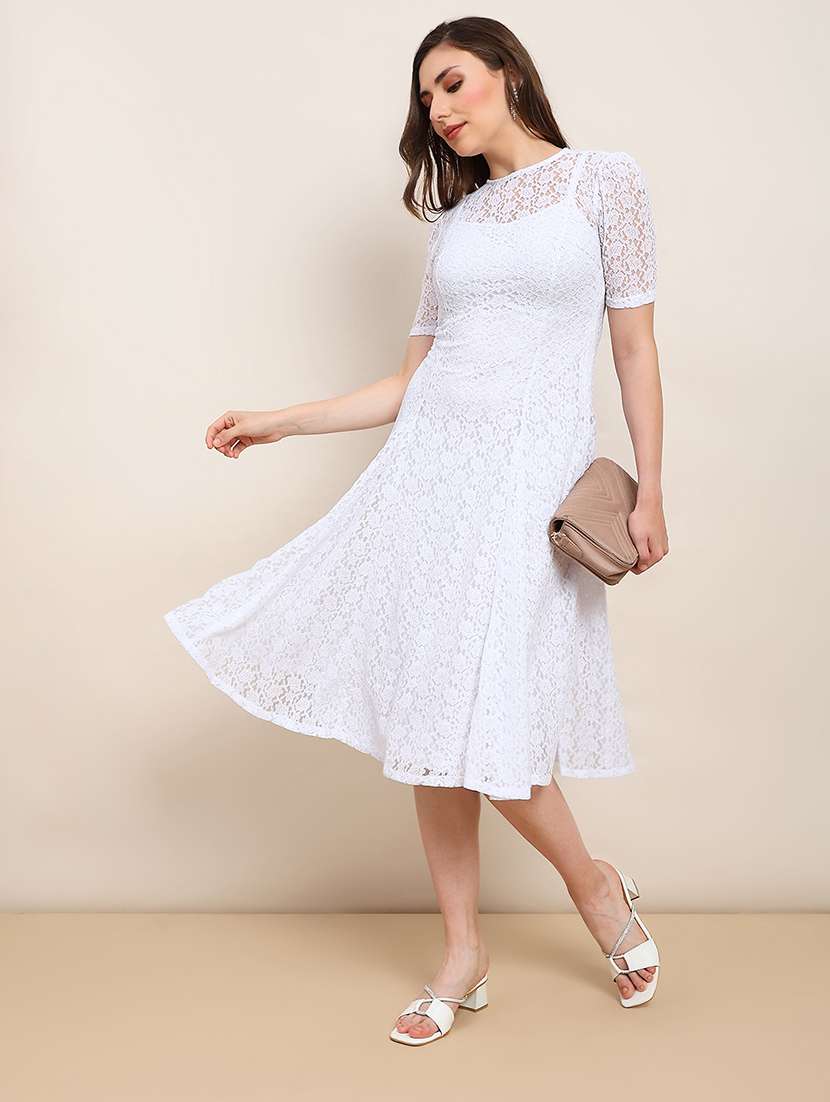 globus women white round neck puff sleeves flared hem panelled floral lace a-line midi party dress
