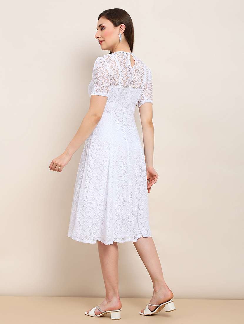 globus women white round neck puff sleeves flared hem panelled floral lace a-line midi party dress - 22182200 -  Standard Image - 3