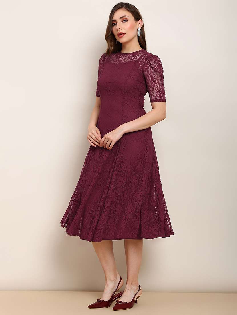 globus women burgundy round neck puff sleeves flared hem panelled floral lace a-line midi party dress