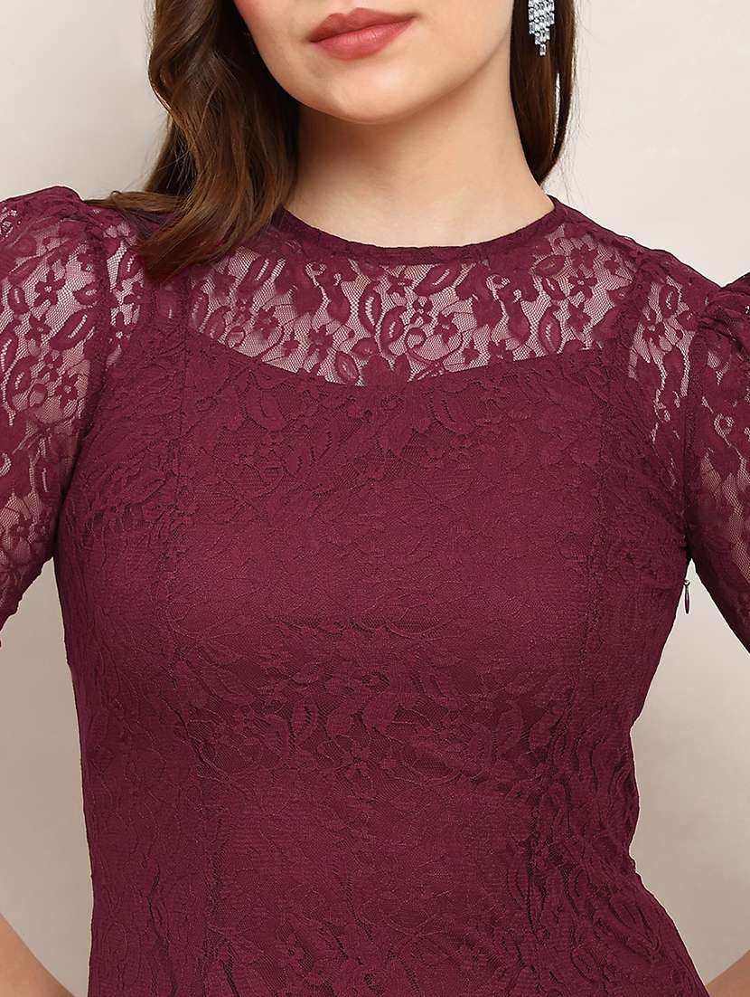 globus women burgundy round neck puff sleeves flared hem panelled floral lace a-line midi party dress - 22182201 -  Standard Image - 5