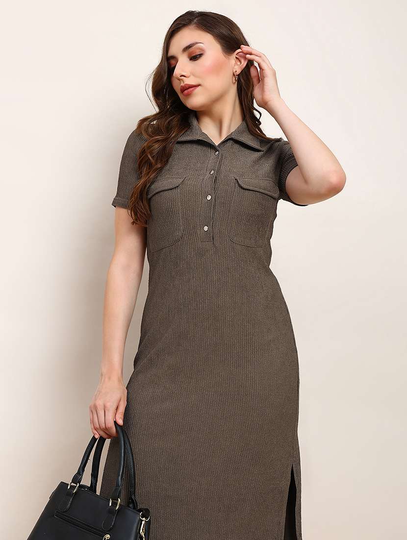 women solid short sleeve collared sheath dress - 22182202 -  Standard Image - 3
