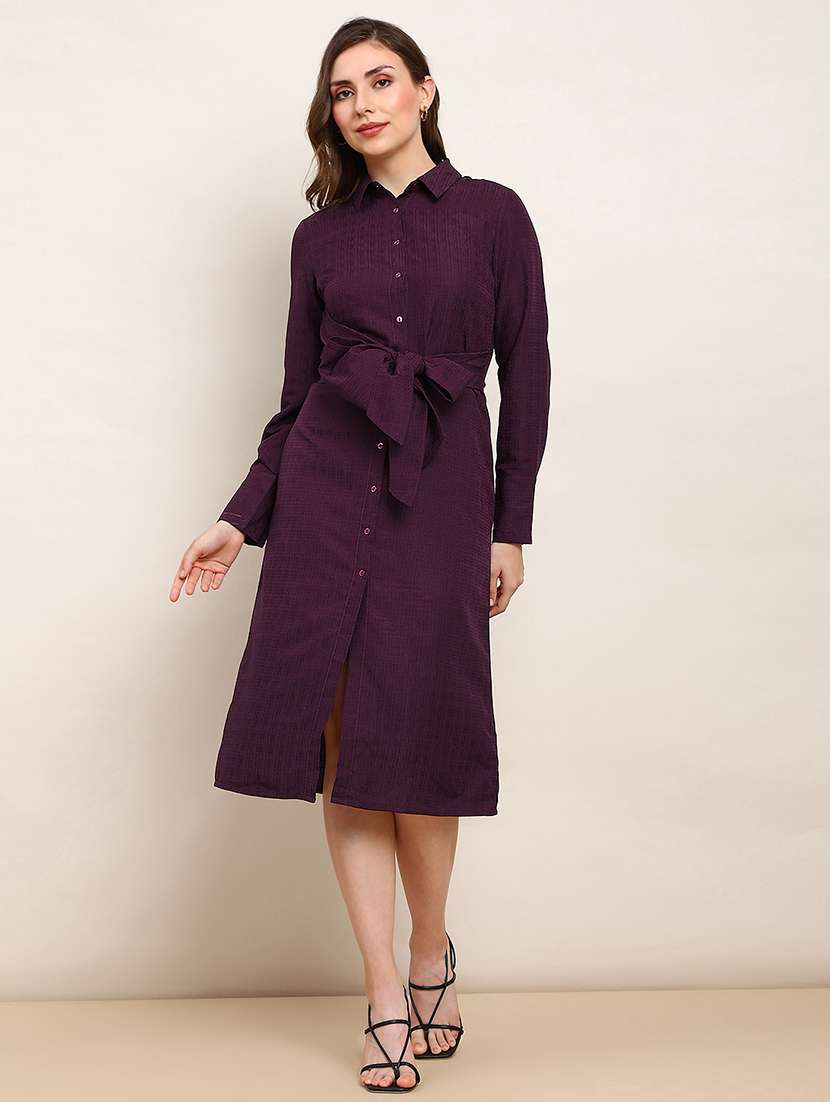 globus women burgundy collared neck cuffed sleeves self design waist tie-ups midi workwear shirt style dress