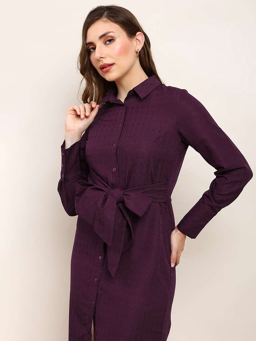 globus women burgundy collared neck cuffed sleeves self design waist tie-ups midi workwear shirt style dress - 22182203 -  Standard Image - 3