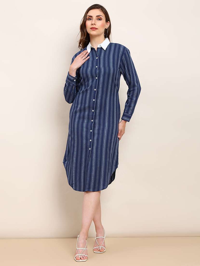globus women blue & white striped print collared neck cuffed sleeves curved hem shirt style midi workwear dress
