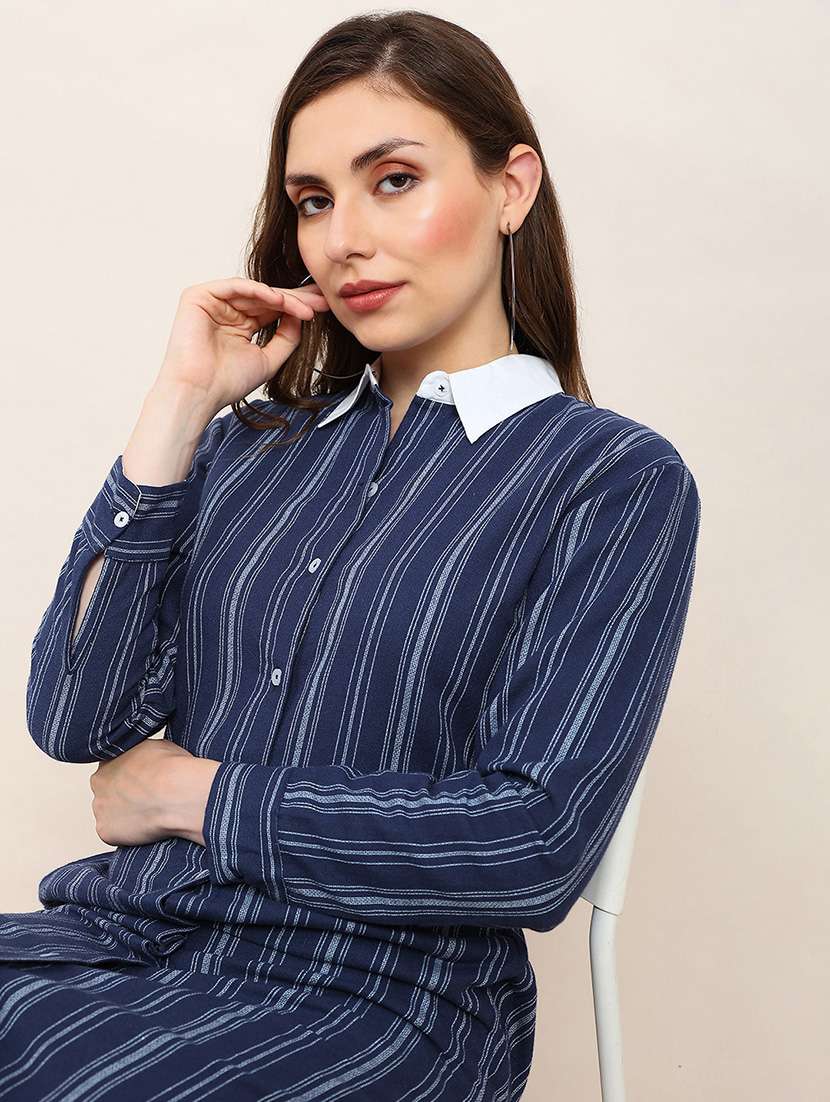 globus women blue & white striped print collared neck cuffed sleeves curved hem shirt style midi workwear dress - 22182204 -  Standard Image - 3