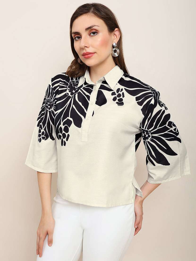 globus women off white collared neck floral shirt style party top