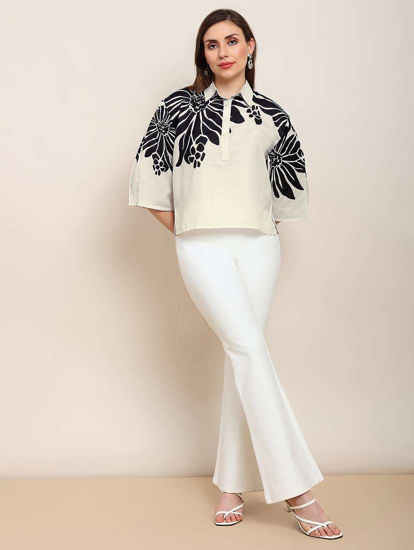 globus women off white collared neck floral shirt style party top - 22182205 -  Standard Image - 3