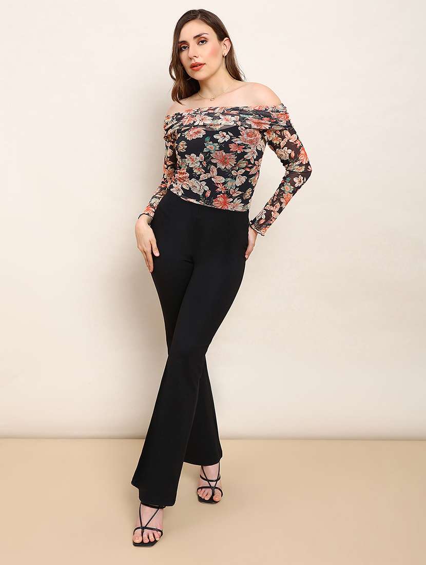 globus women black floral off shoulder long sleeve ruched party top  - 22182206 -  Standard Image - 3