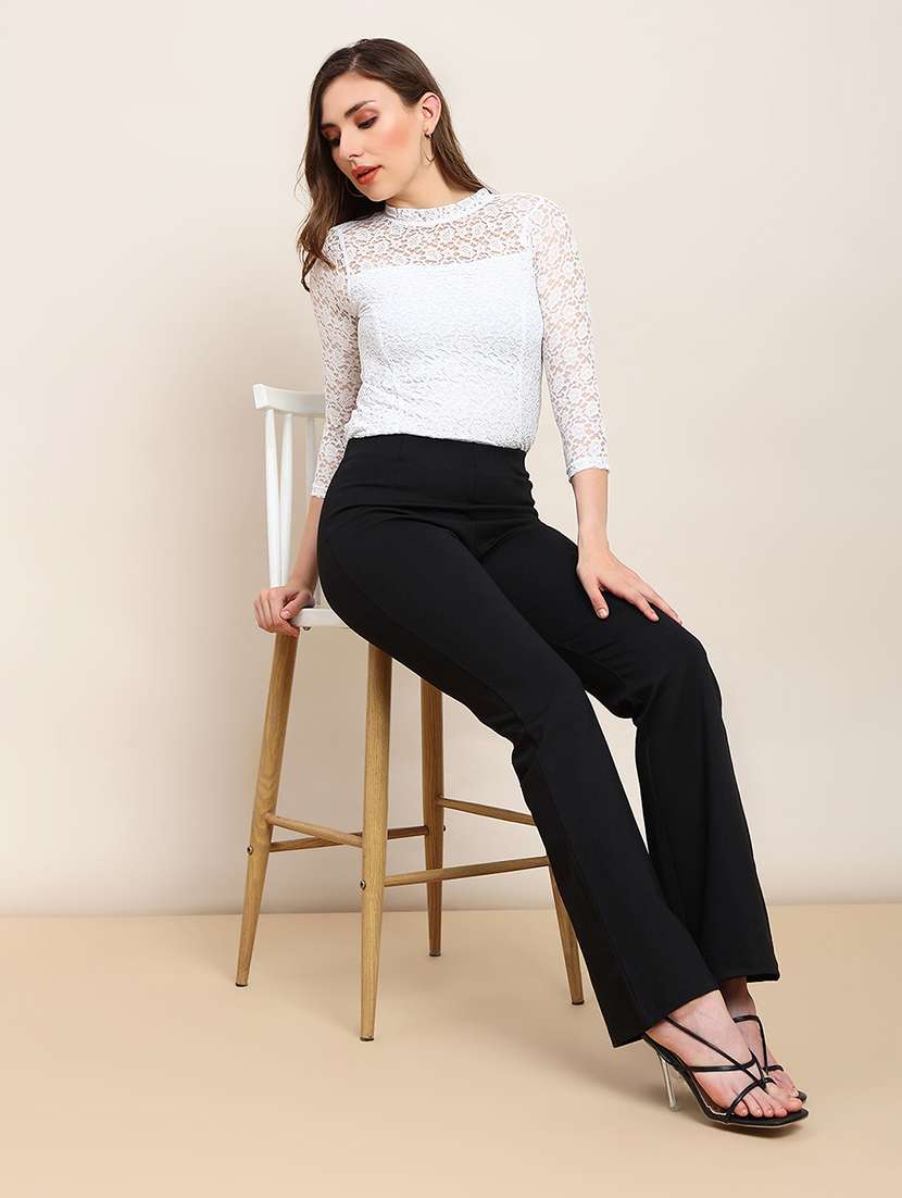 globus women white round neck self design floral lace party top - 22182209 -  Standard Image - 3