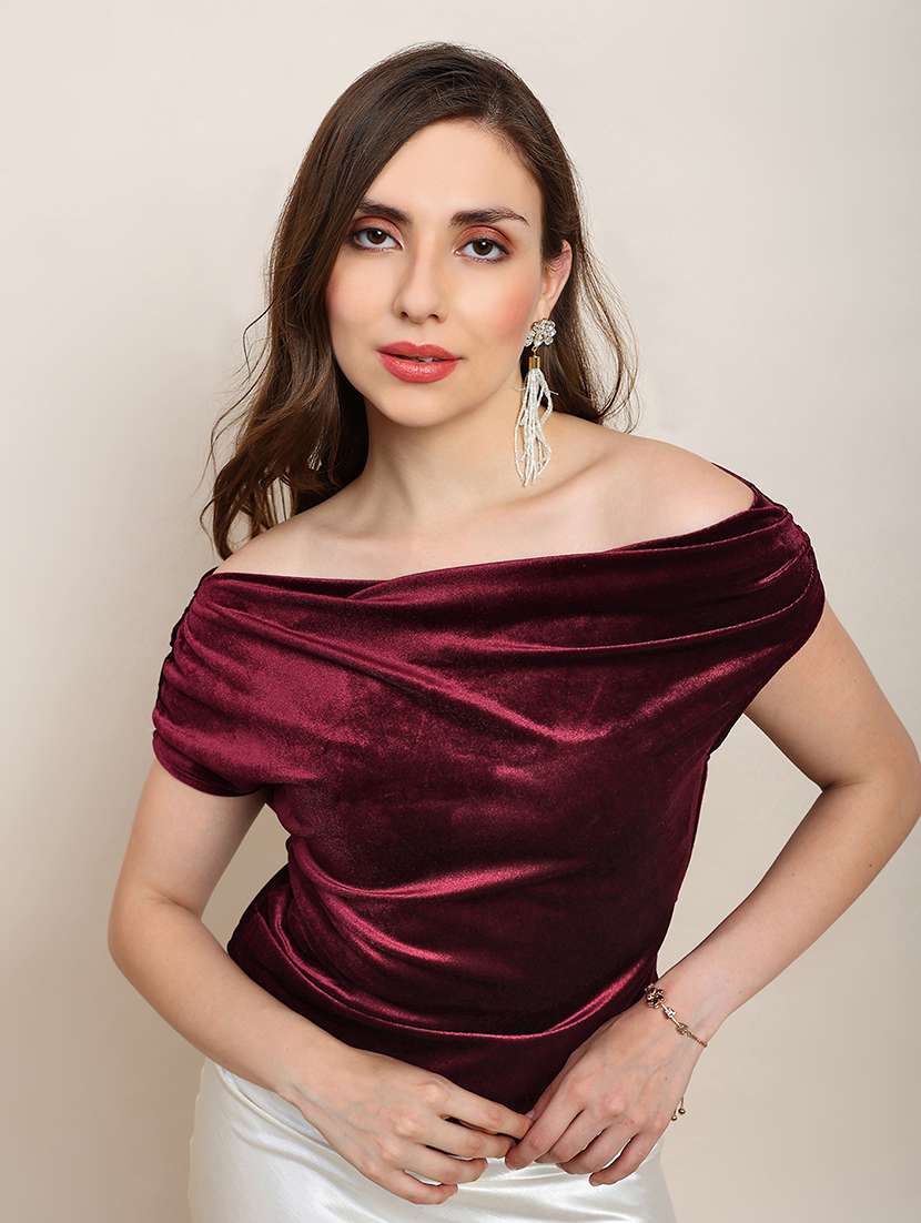 globus women maroon one shoulder gathered detail velvet party top - 22182211 -  Zoom Image - 0