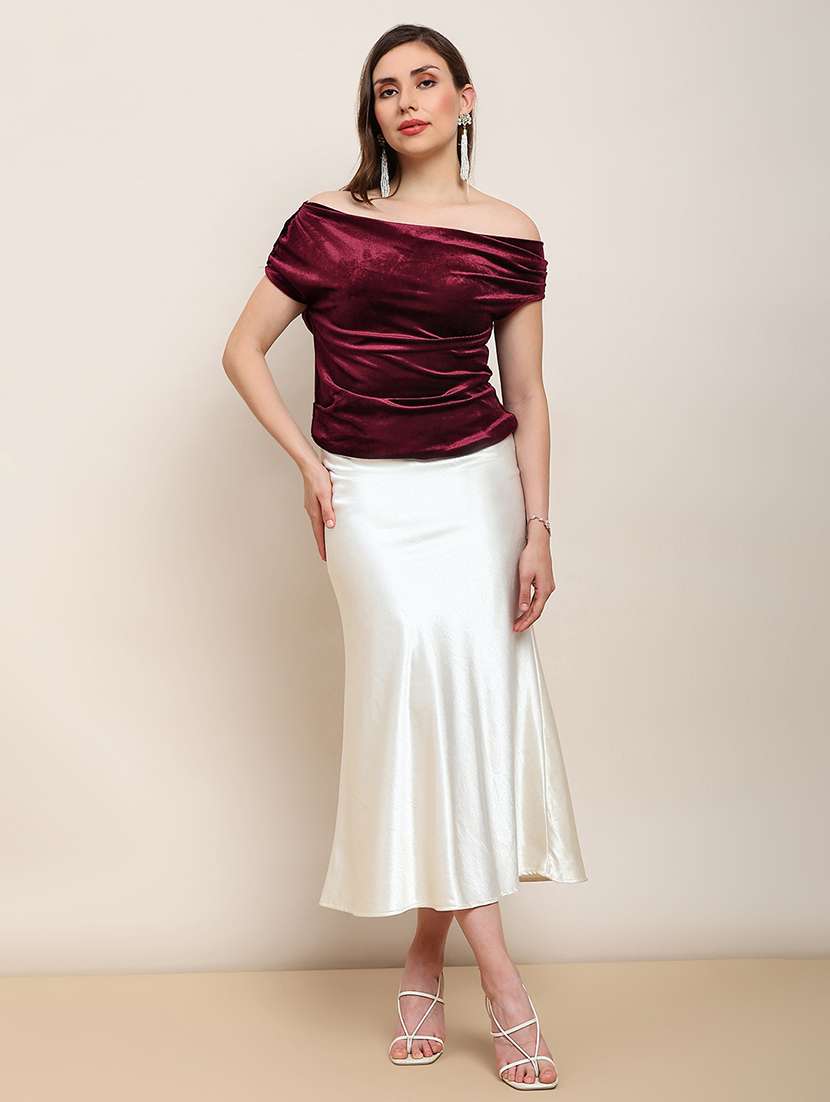 globus women maroon one shoulder gathered detail velvet party top - 22182211 -  Standard Image - 3
