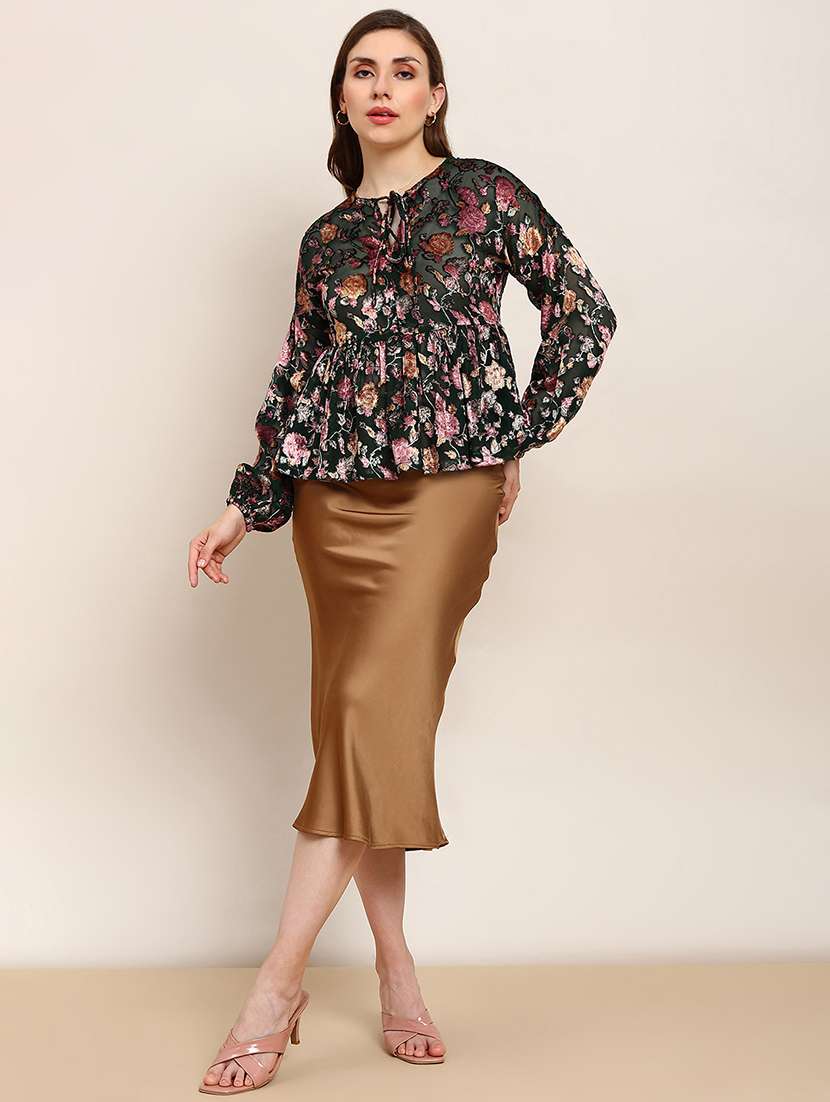 globus women green floral self design tie-up neck bishop sleeves peplum party top - 22182213 -  Standard Image - 3