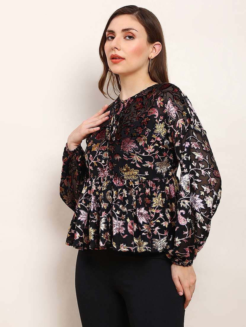globus women black floral self design tie-up neck bishop sleeves peplum party top
