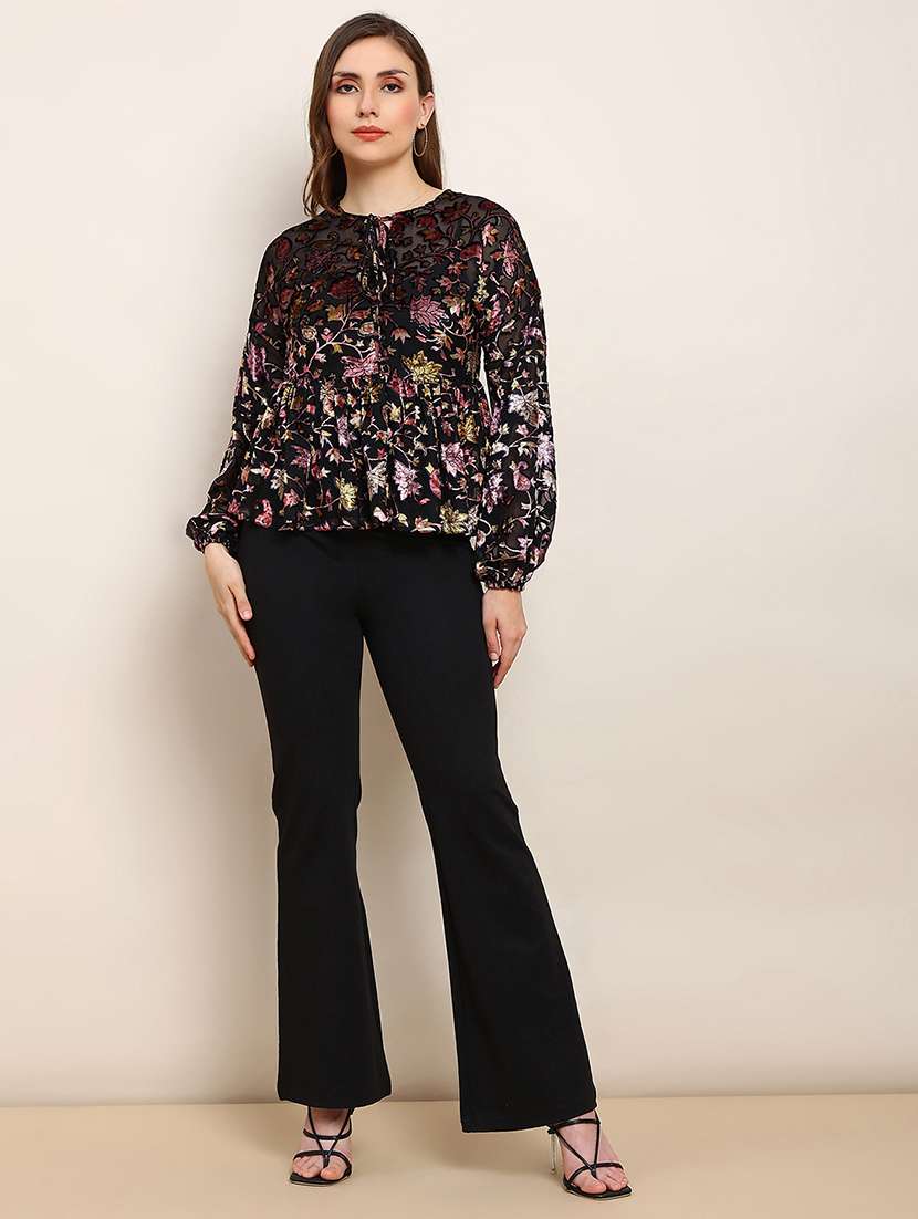 globus women black floral self design tie-up neck bishop sleeves peplum party top - 22182214 -  Standard Image - 3