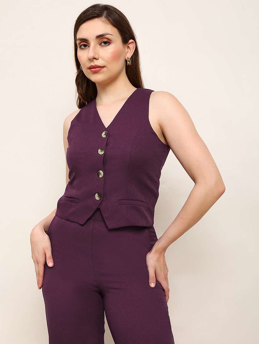 globus women burgundy v-neck solid front pocket detail waistcoat with trousers workwear co-ord set