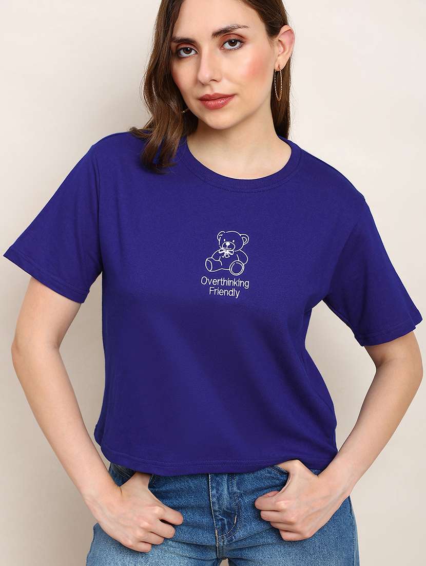 globus women blue round neck drop shoulder sleeves graphic print boxy fit crop t-shirt