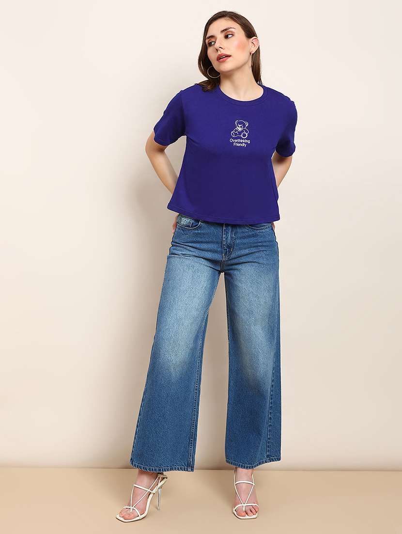 globus women blue round neck drop shoulder sleeves graphic print boxy fit crop t-shirt - 22182216 -  Standard Image - 3