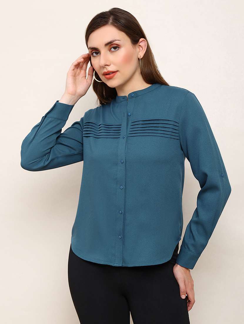 globus women teal mandarin collar cuffed sleeves solid curved hem pleated workwear shirt