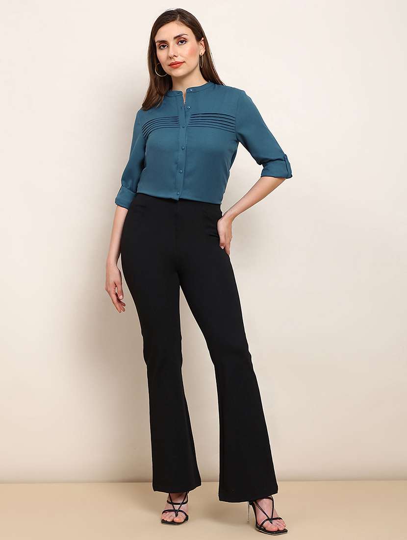 globus women teal mandarin collar cuffed sleeves solid curved hem pleated workwear shirt - 22182220 -  Standard Image - 3