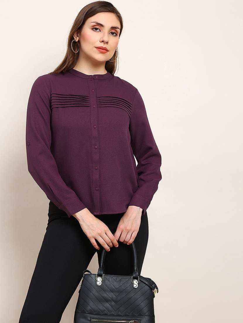 globus women purple mandarin collar cuffed sleeves solid curved hem pleated workwear shirt