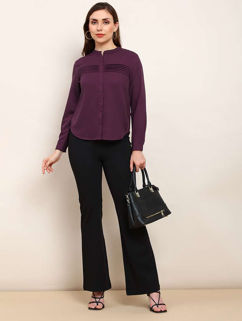 globus women purple mandarin collar cuffed sleeves solid curved hem pleated workwear shirt - 22182221 -  Standard Image - 3