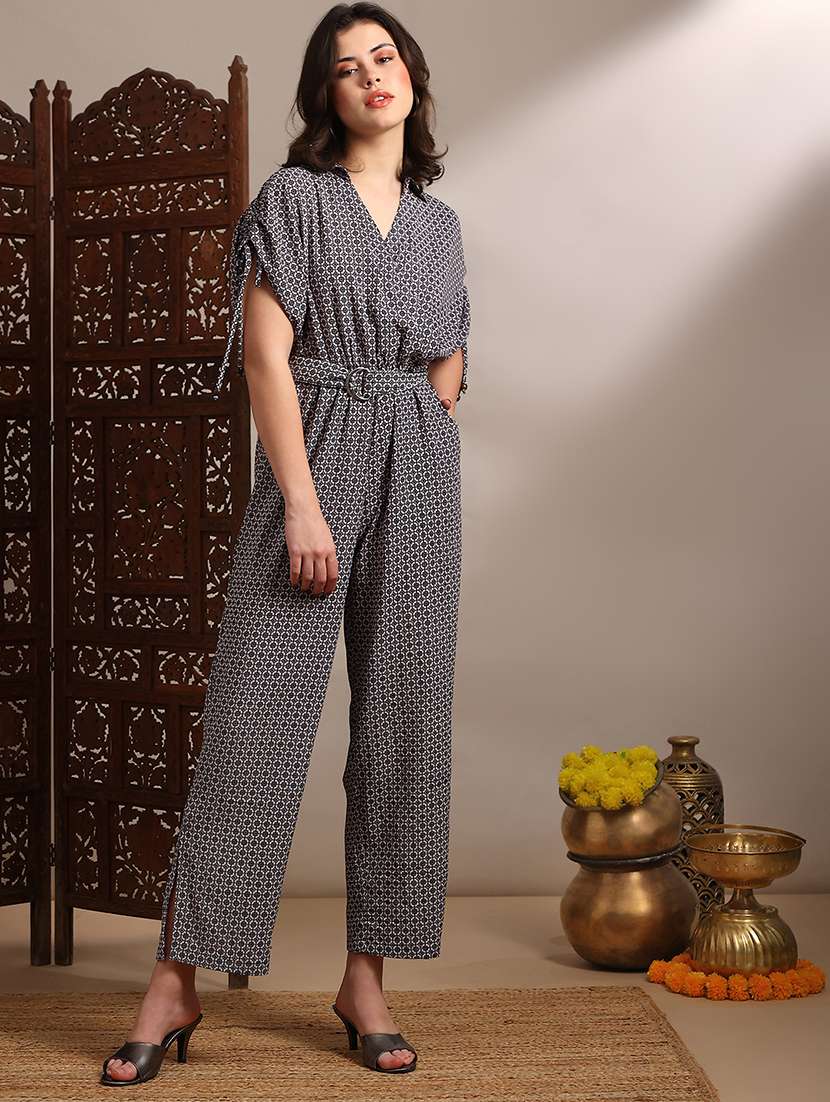 globus women black geometric print collared neck ruched extended sleeves belted long line jumpsuit