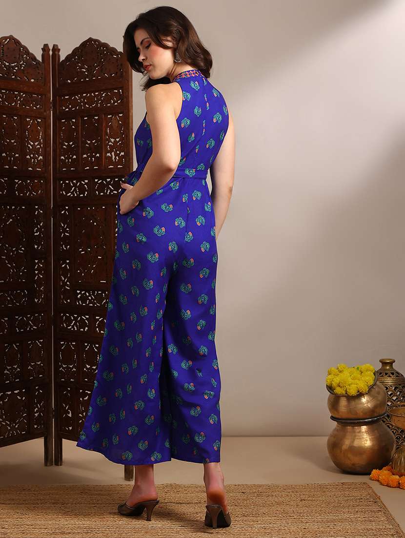 globus women blue halter neck embroidered detail tribal print belted wide flared fusion jumpsuit - 22182224 -  Standard Image - 3