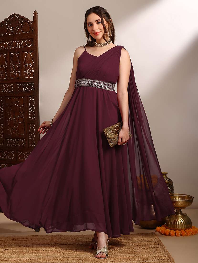 globus women maroon georgette strappy shoulder fit & flare maxi festive draped dress with embroidered belt