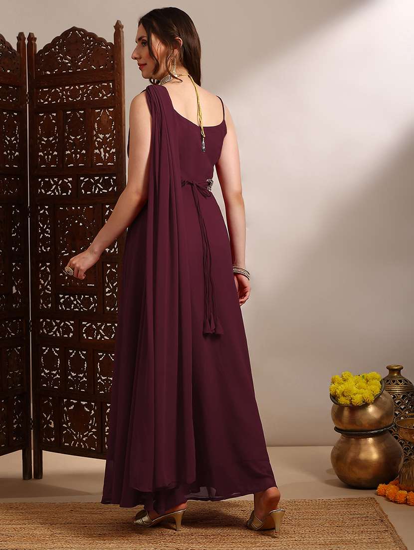 globus women maroon georgette strappy shoulder fit & flare maxi festive draped dress with embroidered belt - 22182226 -  Standard Image - 3