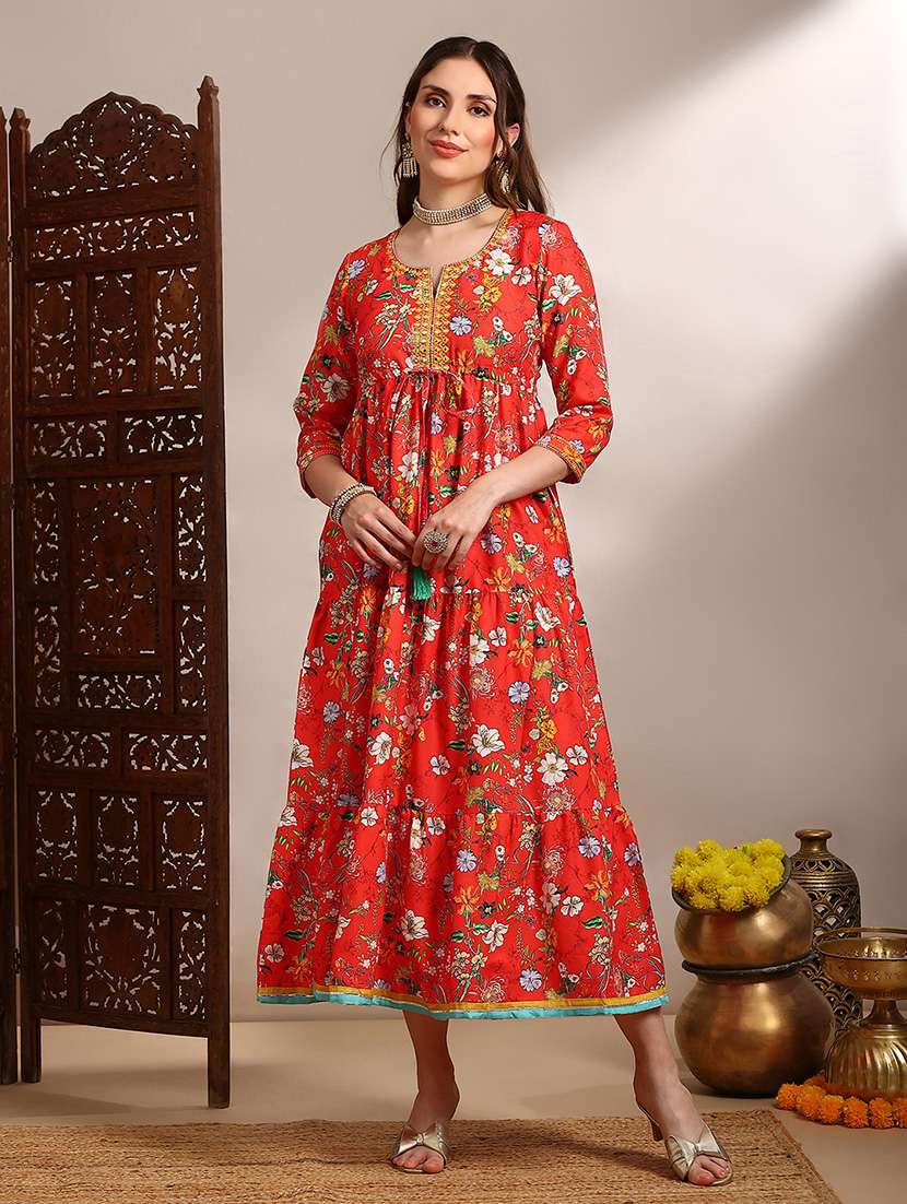 globus women red allover floral print round v-neck embroidered & mirror work waist tie-ups tiered fit & flare midi festive dress