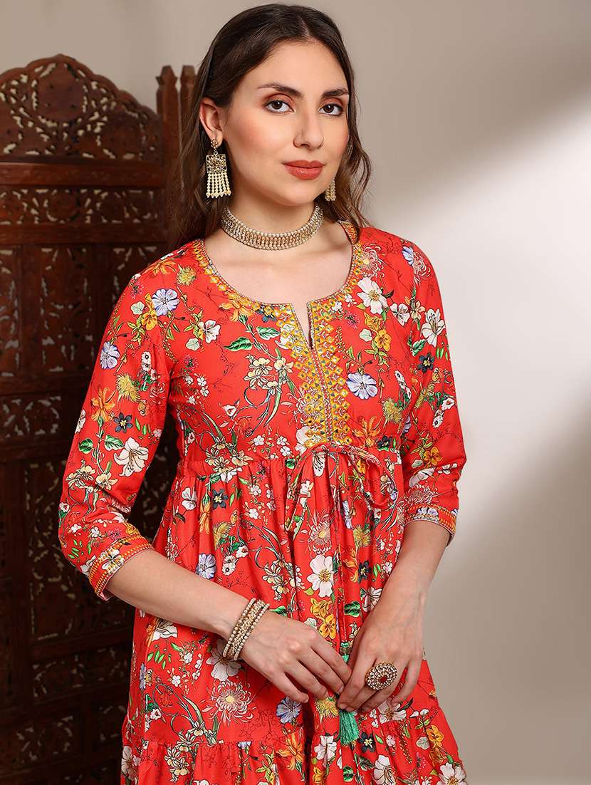 globus women red allover floral print round v-neck embroidered & mirror work waist tie-ups tiered fit & flare midi festive dress - 22182227 -  Standard Image - 3